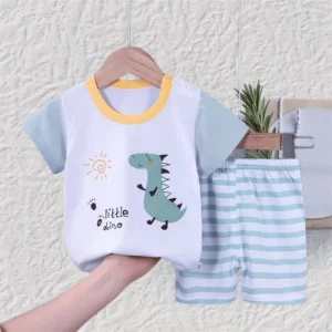 T-shirt+Shorts 2-Piece Clothing Set Pajamas Summer Kids Baby Boys Girls Cotton Casual Tracksuit Cartoon Dinosaur Clothes Suit